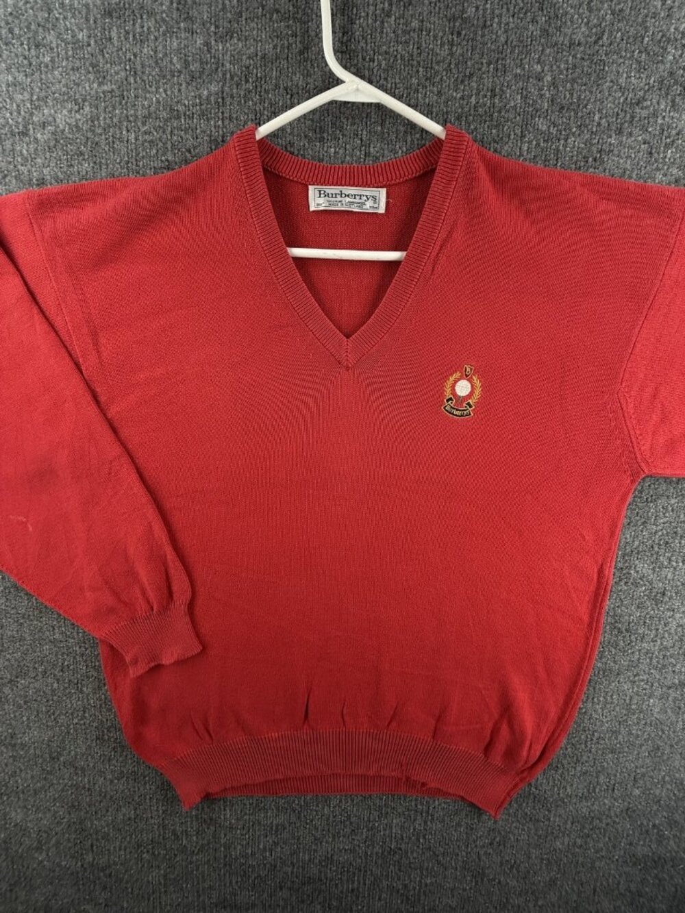 Burberry Golf V-Neck Long Sleeve Red Scotland Pullover Logo Knit Sweater ~L